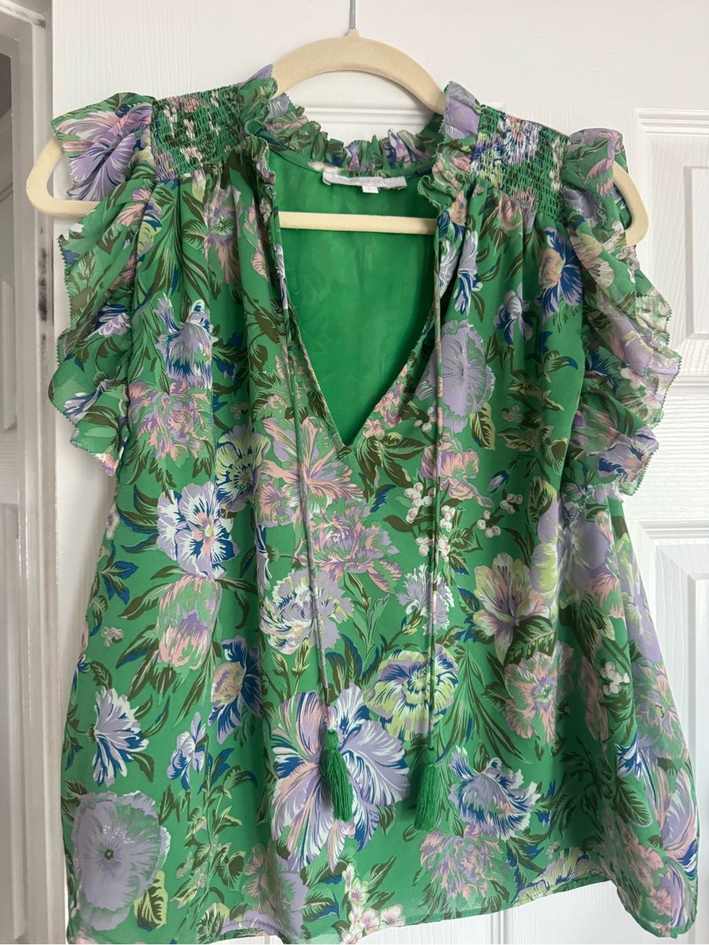 Olivaceous V Neck Green Ruffle Sleeve Blouse